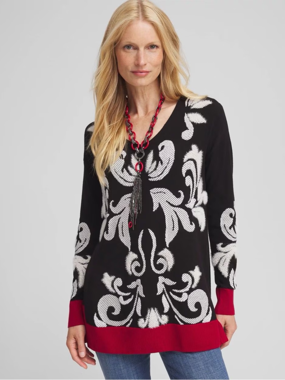 Chico’s Intarsia Knit Floral V-Neck Sweater Tunic Size XL Black White Red